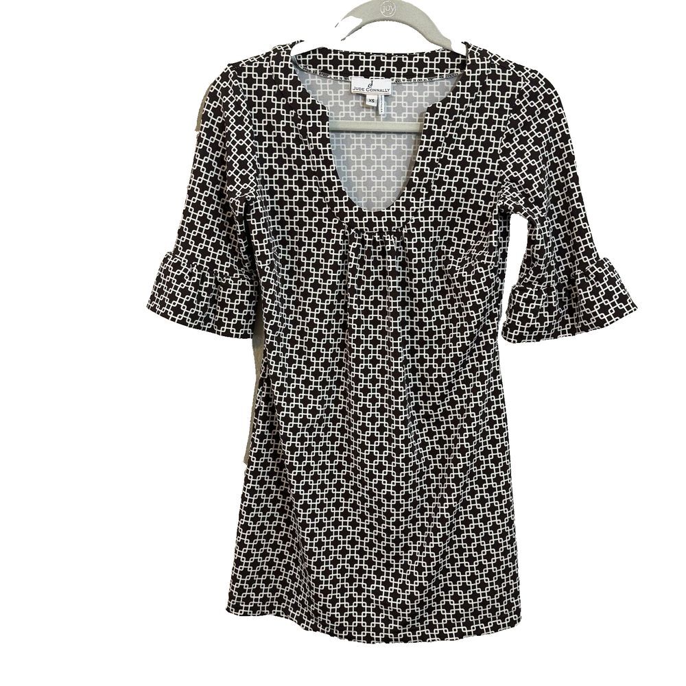Jude Connally Tunic Ruffle Sleeve Brown Print - Size XS Spandex